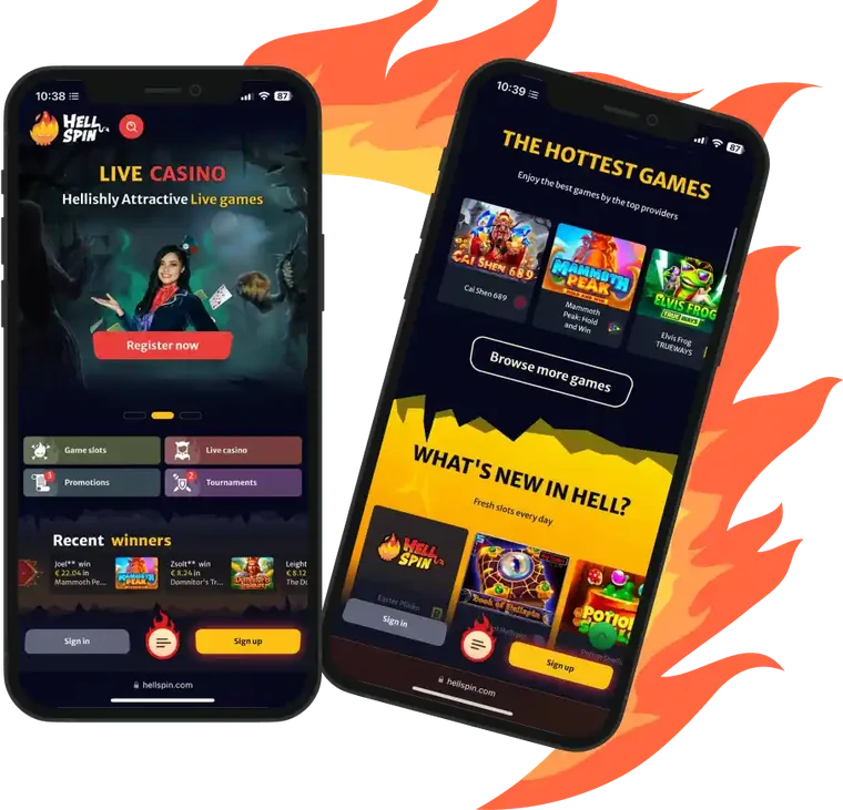 Two phones showing the HellSpin mobile site: a live casino screen and a games listing, both running in the browser.