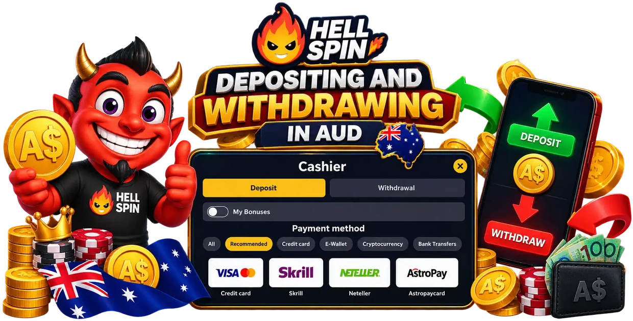 Depositing and withdrawing in AUD: the HellSpin cashier with Deposit and Withdrawal tabs, payment-method filters and card, Skrill, Neteller and AstroPay options.