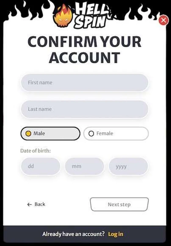 The HellSpin account confirmation step on screen: fields for first name, last name, gender and date of birth, with Back and Next step buttons.