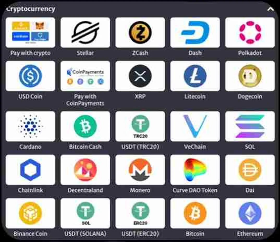 The cryptocurrency section of the HellSpin cashier, listing coins including Bitcoin, Ethereum, Litecoin, XRP, USDT on several networks, Cardano, Solana and Monero.