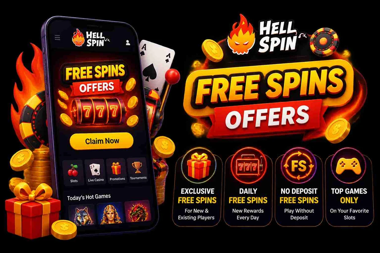HellSpin free spins offers: a phone showing a free spins promotion beside four categories, exclusive, daily, no deposit and selected games.