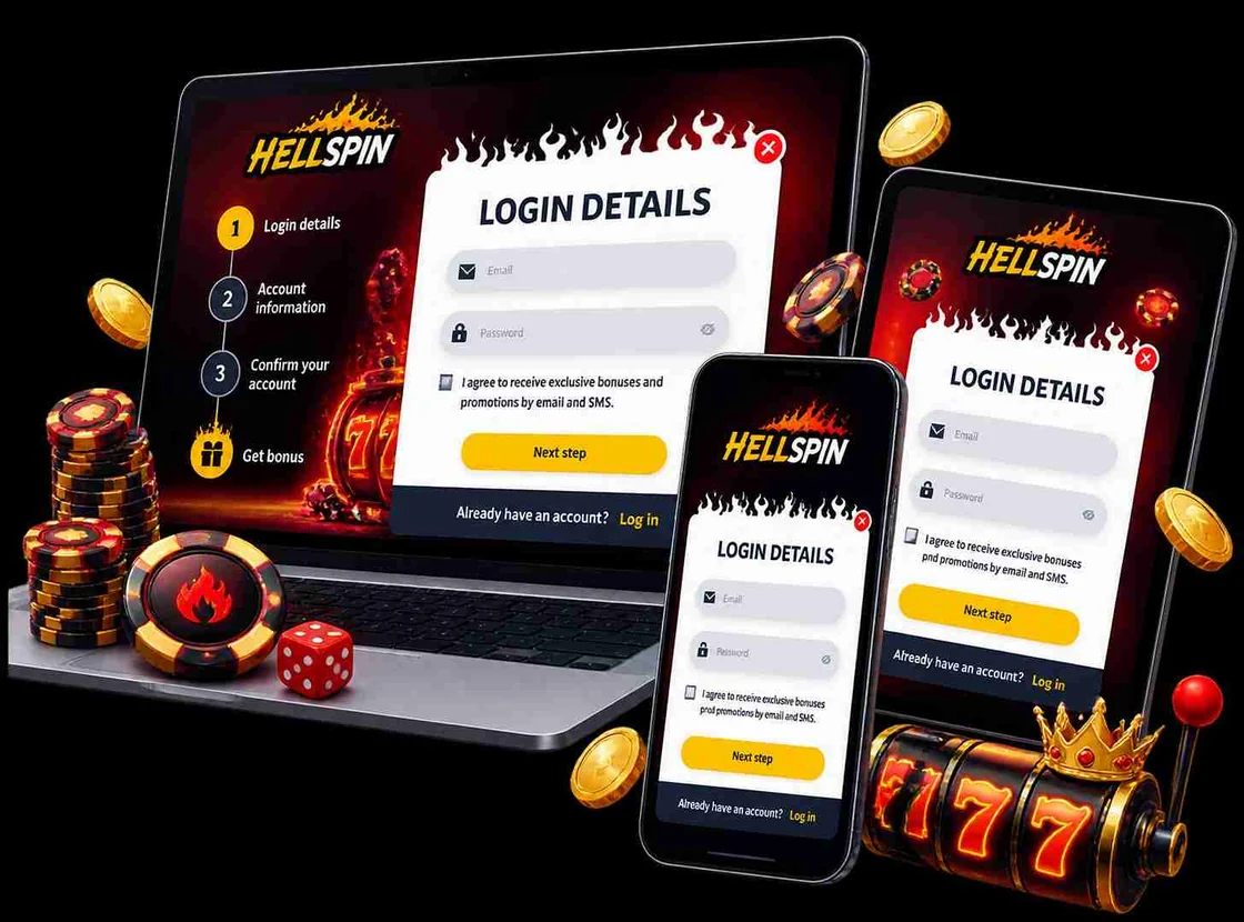 The HellSpin sign-in screen shown on a laptop, tablet and phone, each with the same email and password step.