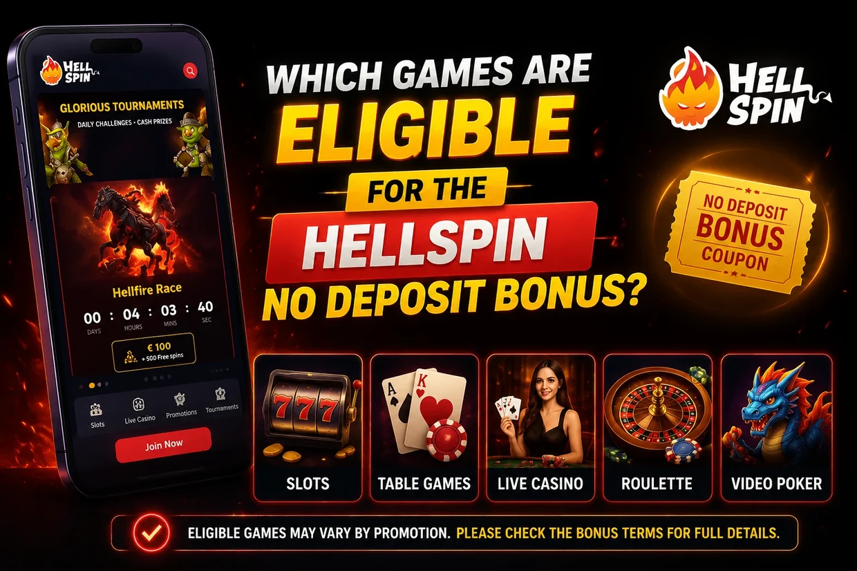 Banner asking which games are eligible for the HellSpin no deposit bonus, showing slots, table games, live casino, roulette and video poker categories.