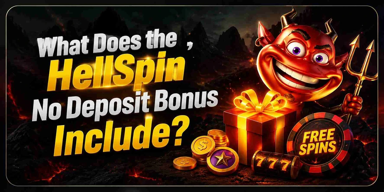 Banner asking what the HellSpin no deposit bonus includes, with a gift box, coins and a free spins chip.