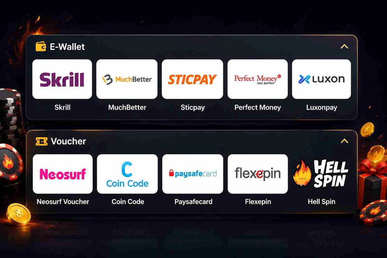 The HellSpin cashier payment groups: e-wallets (Skrill, MuchBetter, Sticpay, Perfect Money, Luxonpay) and vouchers (Neosurf Voucher, Coin Code, Paysafecard, Flexepin).