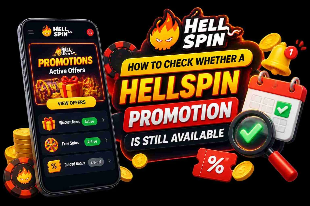 A phone showing the HellSpin promotions list with each offer marked active or expired, beside a calendar and magnifier.