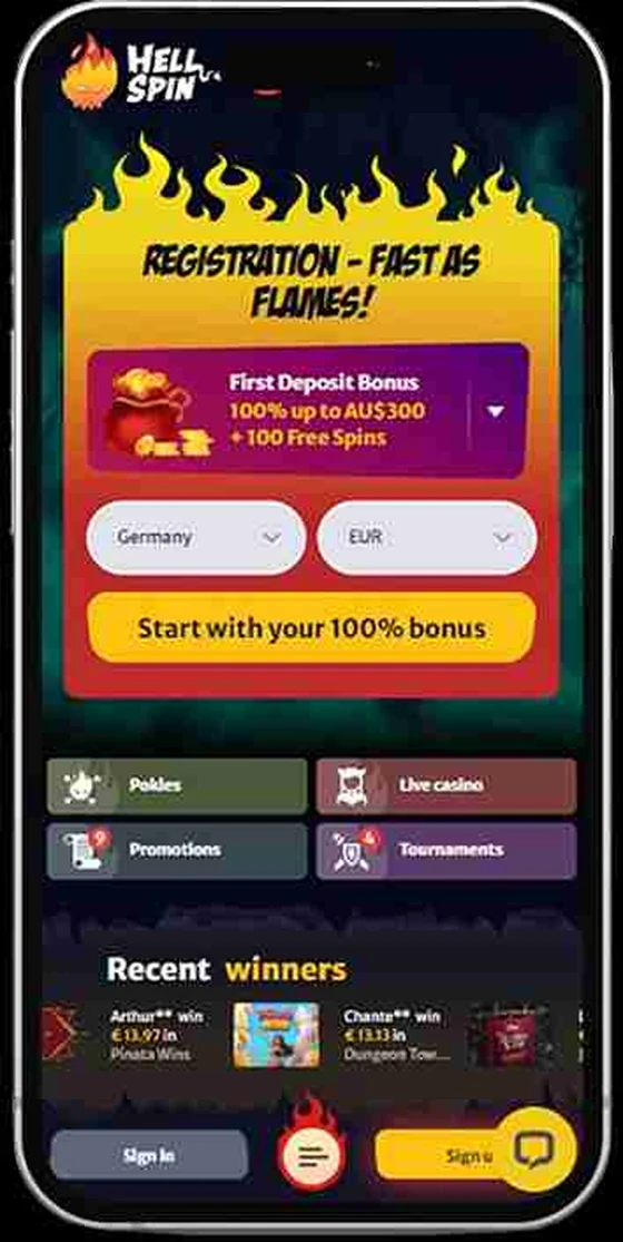 The HellSpin mobile site on a phone, showing the lobby with promotion, game category and account controls.