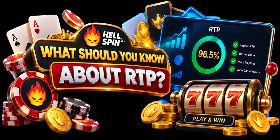 Illustration of a return-to-player readout on a tablet screen beside casino chips, playing cards and a slot machine.
