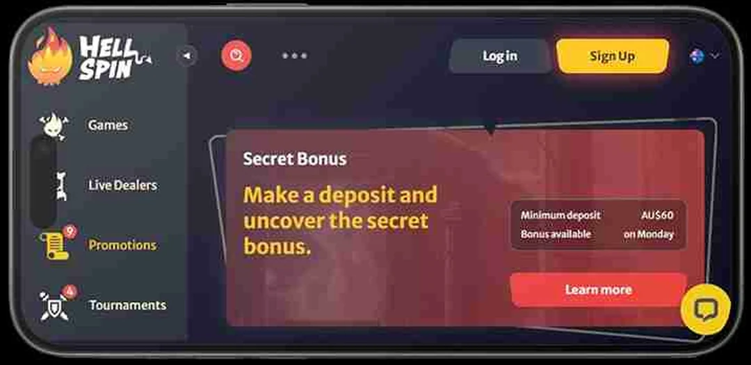 The HellSpin lobby on a phone in landscape, showing a Secret Bonus promotion with its minimum deposit and the day it is available.