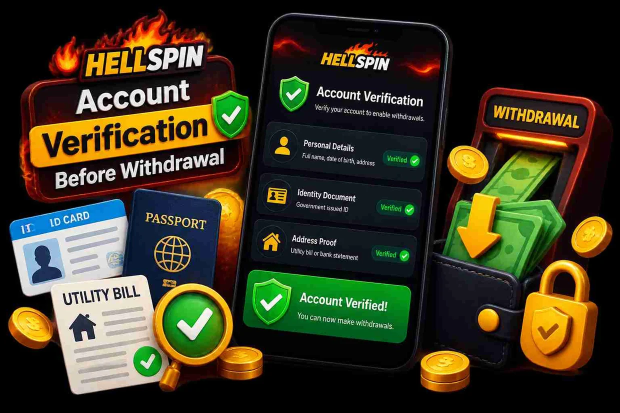 Account verification before withdrawal: personal details, an identity document and proof of address each marked verified, beside an ID card, passport and utility bill.