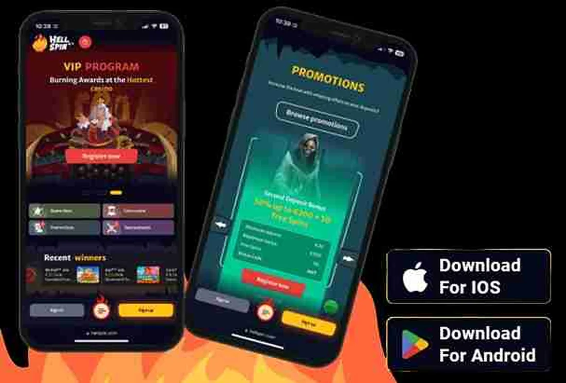 Two phones showing the HellSpin mobile site beside iOS and Android download badges.