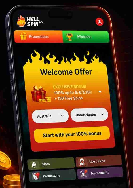 The HellSpin welcome offer panel on a phone, showing a 100% match plus free spins with Australia selected as the country.