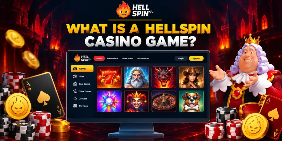 Illustration of the HellSpin games lobby on a desktop screen, with category filters for slots, live casino, table games, jackpot and providers.